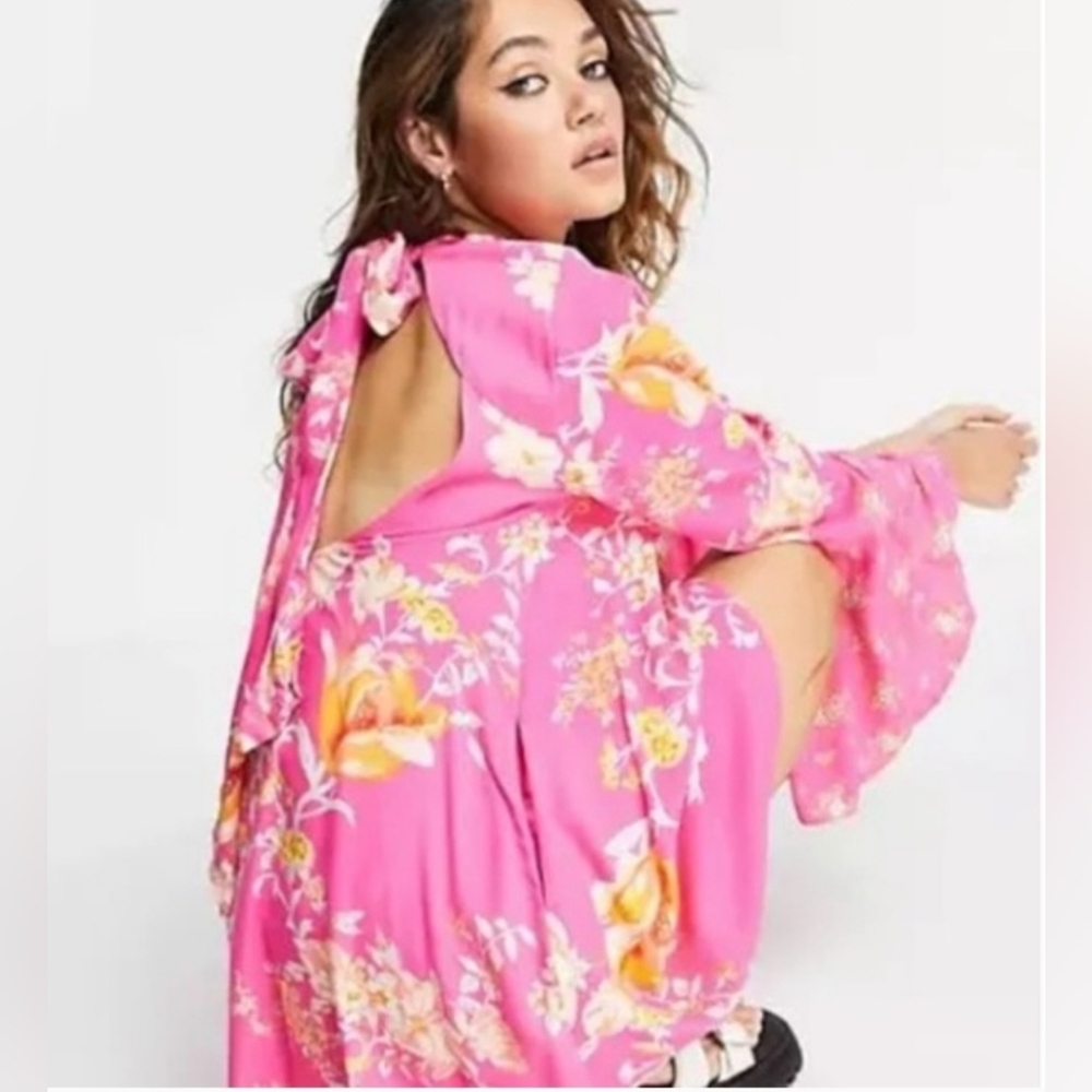 Free People Boho Pink Floral Open Back Bell Sleeve Tunic Mini Dress - Picture 2 of 10